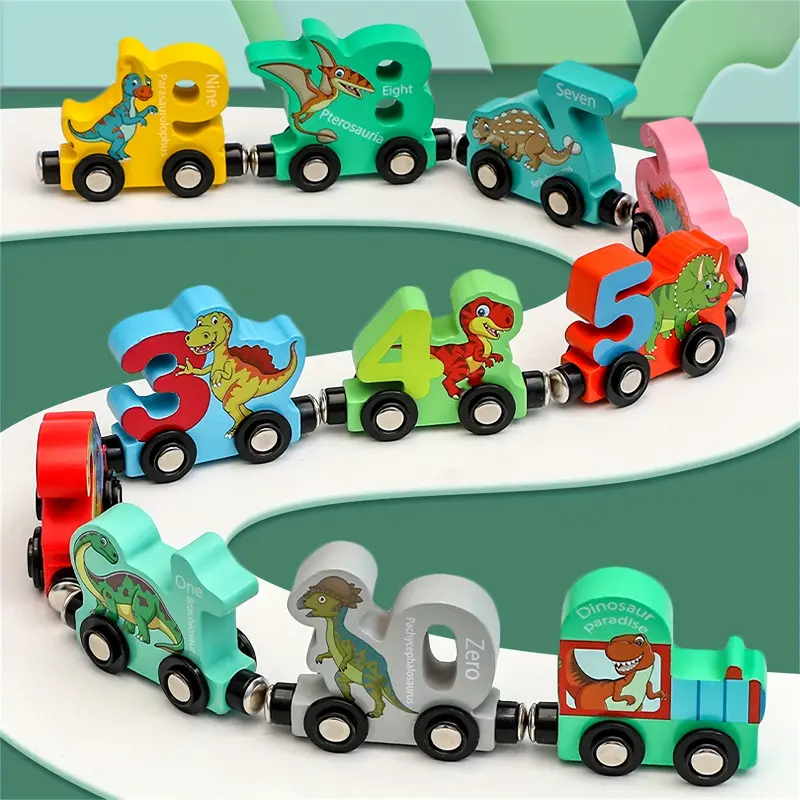 番号付き恐竜電車のおもちゃ11個、木製電車セット子供用磁気電車車両、モンテッソーリ教育玩具木製電車車両幼児用誕生日模型電車ギフト